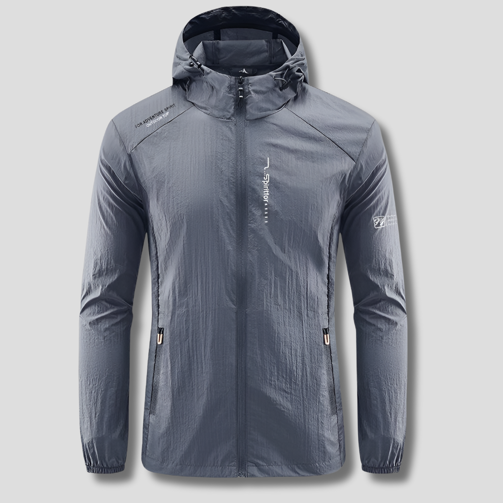 Wind- en zonbestendige heren herfstjas, ultralicht en compact. Met capuchon, perfect voor buitenactiviteiten.