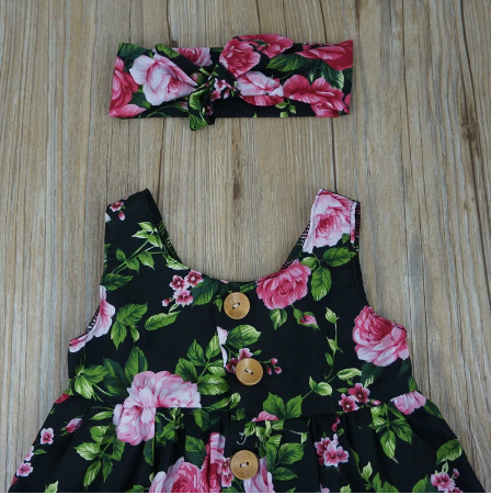 Gedetailleerde achterkant van een vrolijke bloemenprint babyjurk voor meisjes, zomerse stijl.