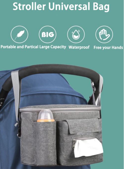 Handige kinderwagen organizer met vakken voor fles, luiers en doekjes; ideaal als babytas.