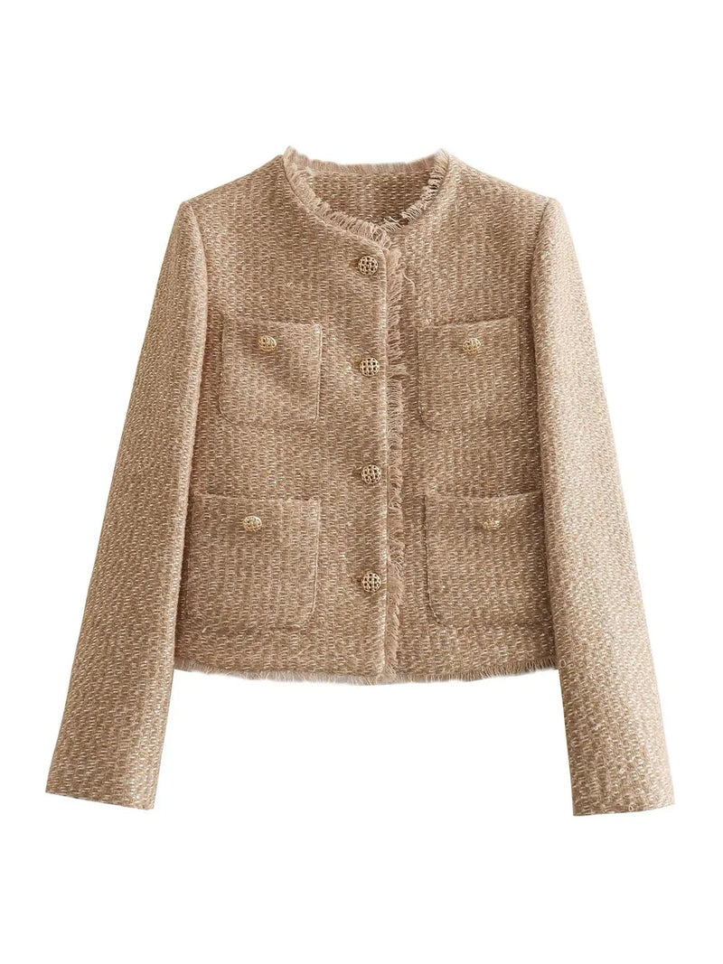 Elegant dames tweed jasje, beige, met opvallende gouden knopen. Perfect voor een luxe kantooroutfit.