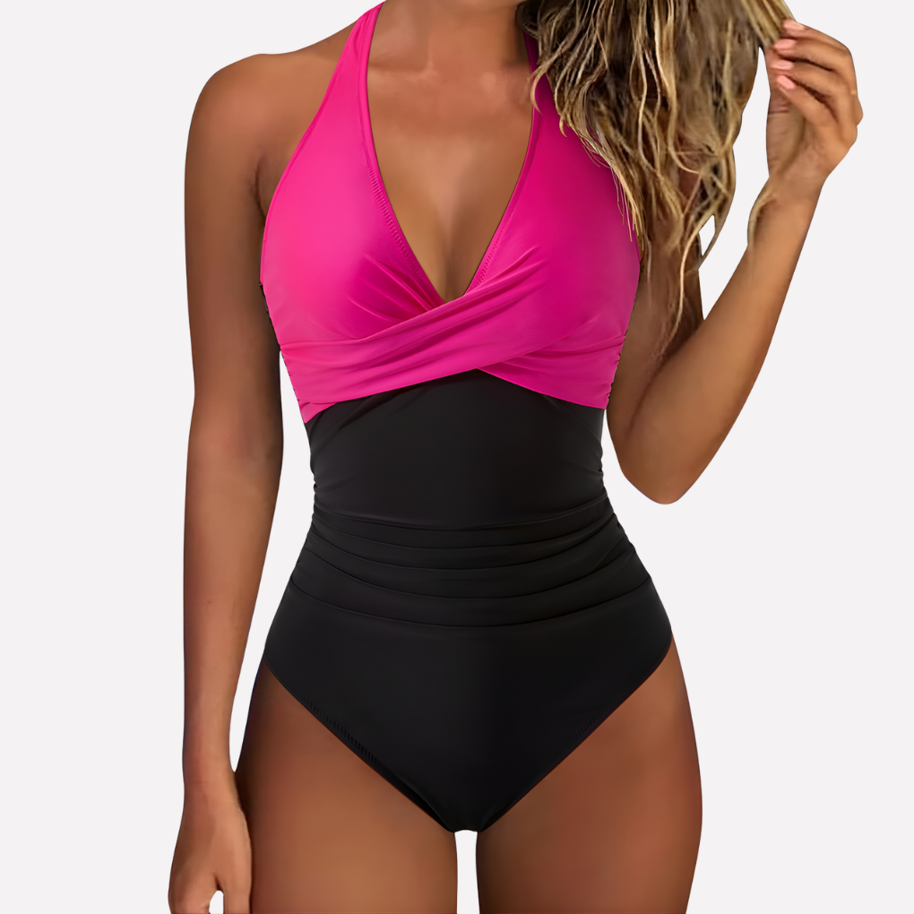 Comfortabel damesbadpak, ondersteunend en geplooid, perfect voor de zomer.