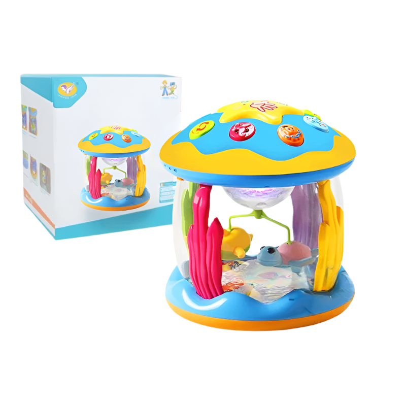 Lichtspel-trommel babyspeelgoed met muziek en projectie voor zintuiglijke ontwikkeling. Ideaal voor baby's en peuters.