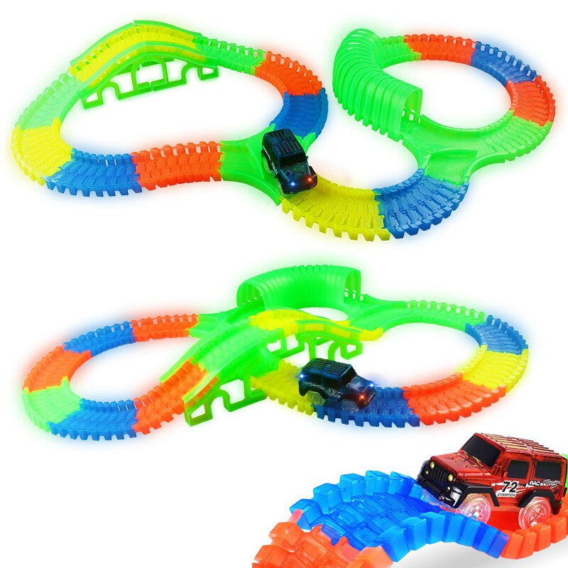 Flexibele glow in the dark racebaan set voor kinderen met verlichte LED auto's.