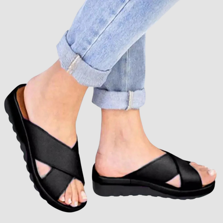 Dames Rory platform sandalen, trendy & comfortabel voor zomer, strand en vakantie. Zwarte en bronzen zomerschoenen.