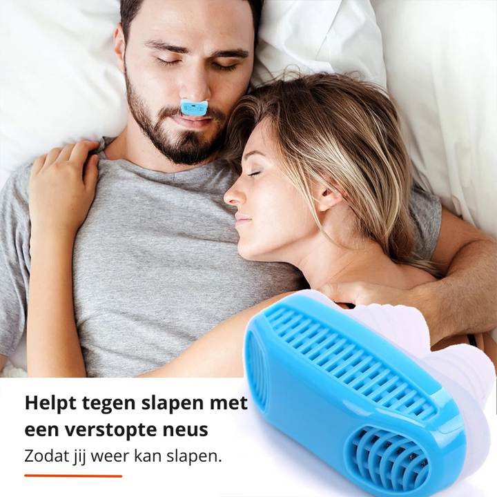 Compacte anti-snurk oplossing met ingebouwde luchtzuiveraar voor comfortabele slaap en frisse lucht.
