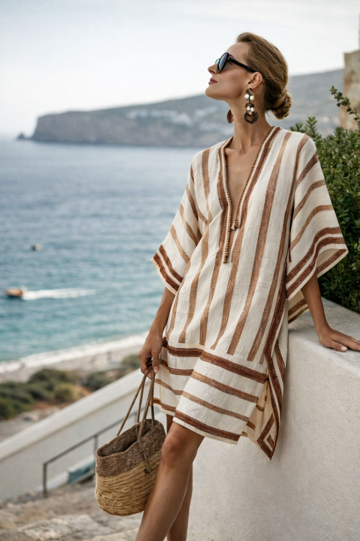 Boho dames strandjurk van comfortabel polyester met elegante V-hals. Perfecte losvallende zomerjurk voor vakantie.