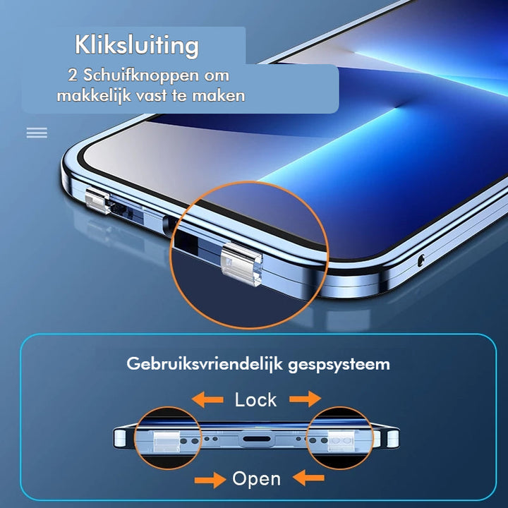 Metallic iPhone hoesje met snap-lock design voor superieure valbescherming. Robuuste telefoonhoes.