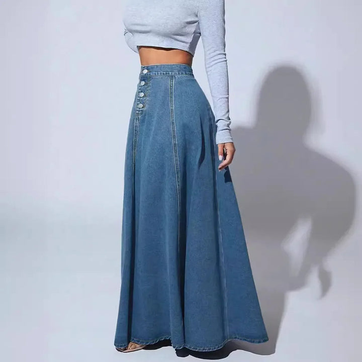 Hoymans modieuze dames spijkerrok, lange A-lijn met hoge taille, voor een slank silhouet.