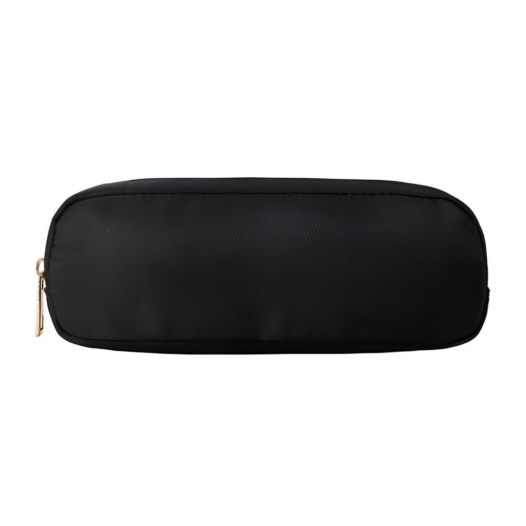 Open minimalistisch nylon etui toont ruime opbergruimte voor pennen, potloden en kleine accessoires. Ideaal voor school.