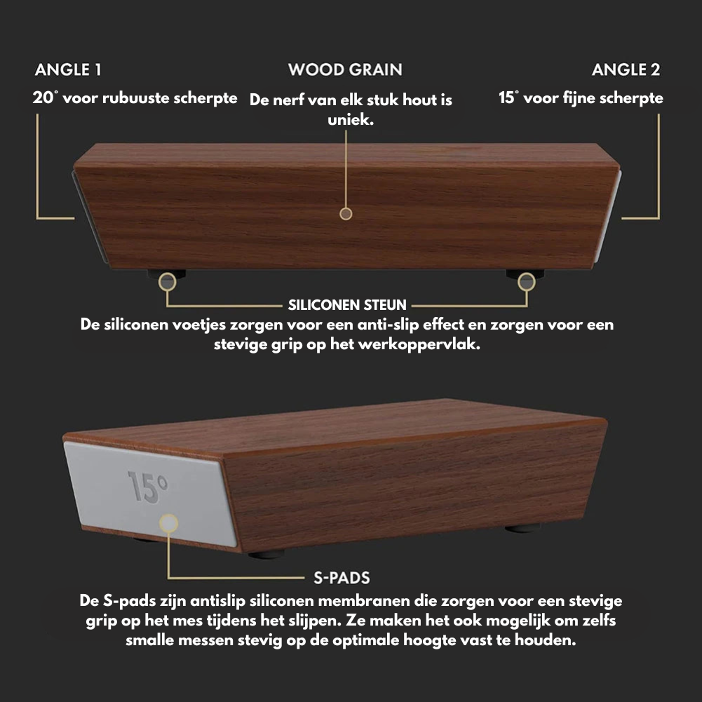 Houten messenslijper, een professionele keukenaccessoire voor vlijmscherpe messen die koken makkelijker maakt.