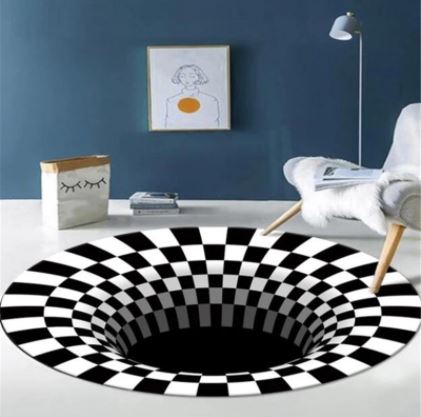 Modern rond 3D illusie vloerkleed met optisch effect, verfraait elke woonkamer en voegt diepte toe.
