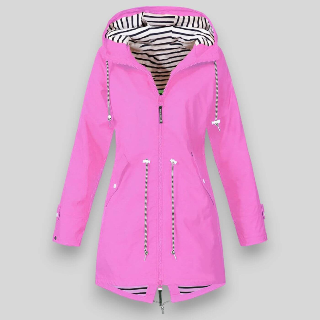 Detail van de waterdichte stof en ritssluiting van deze comfortabele dames regenjas, ideaal voor elk weer.