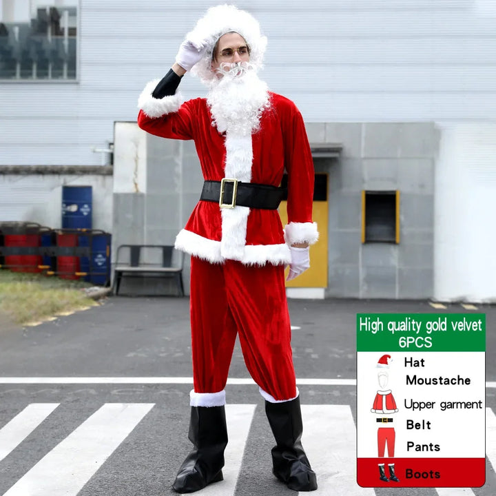 Man draagt luxe heren Kerstman kostuum; perfecte kerstoutfit voor december feesten en verkleedkleding.
