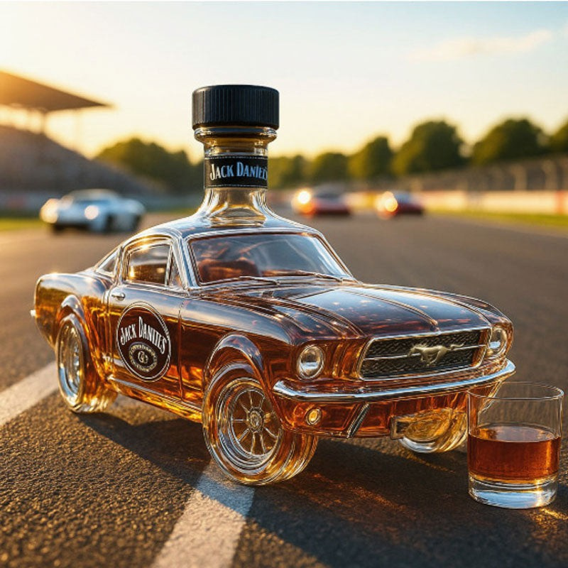 Stijlvol cadeau voor mannen: whiskey karaf in Mustang auto vorm, een luxe drankaccessoire.