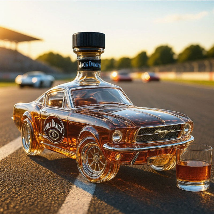 Stijlvol cadeau voor mannen: whiskey karaf in Mustang auto vorm, een luxe drankaccessoire.