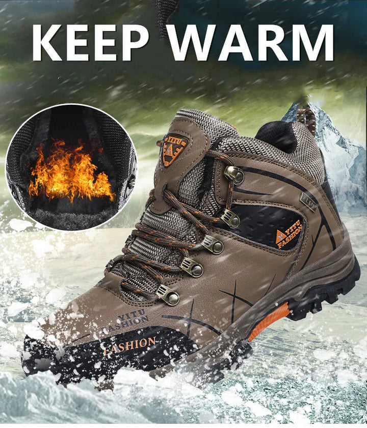 Close-up: Waterdicht bovenwerk van heren snowsneakers, ideaal tegen vocht en kou.