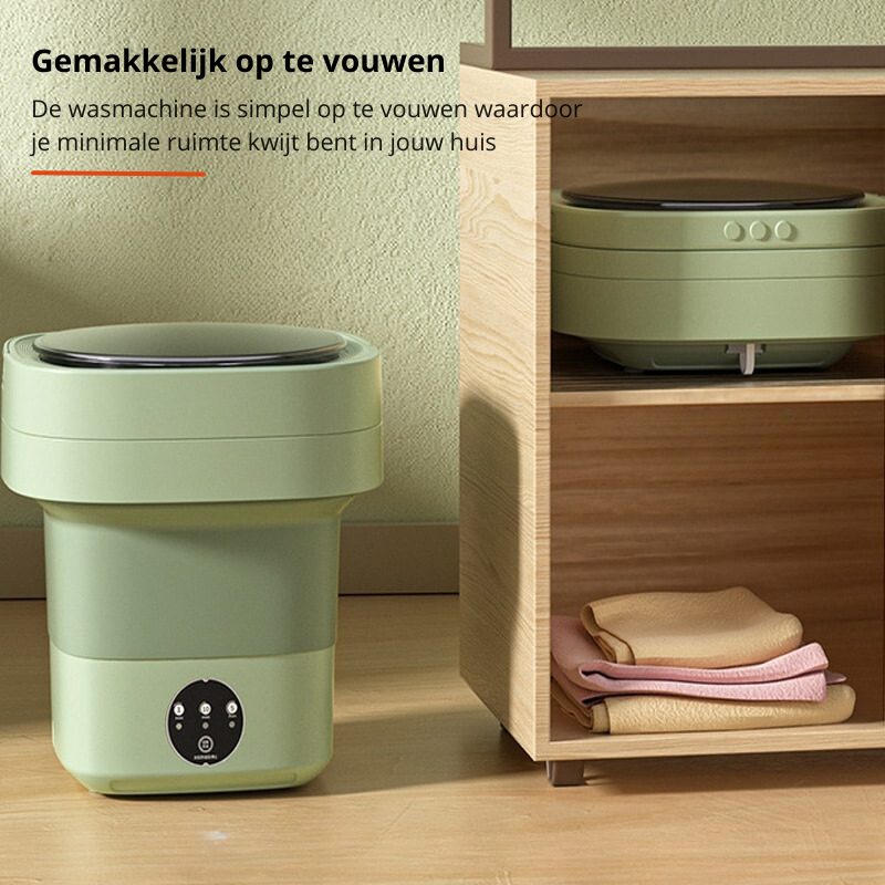 Witte opvouwbare mini wasmachine met geïntegreerde droger, ruimtebesparend voor elke badkamer of bijkeuken.
