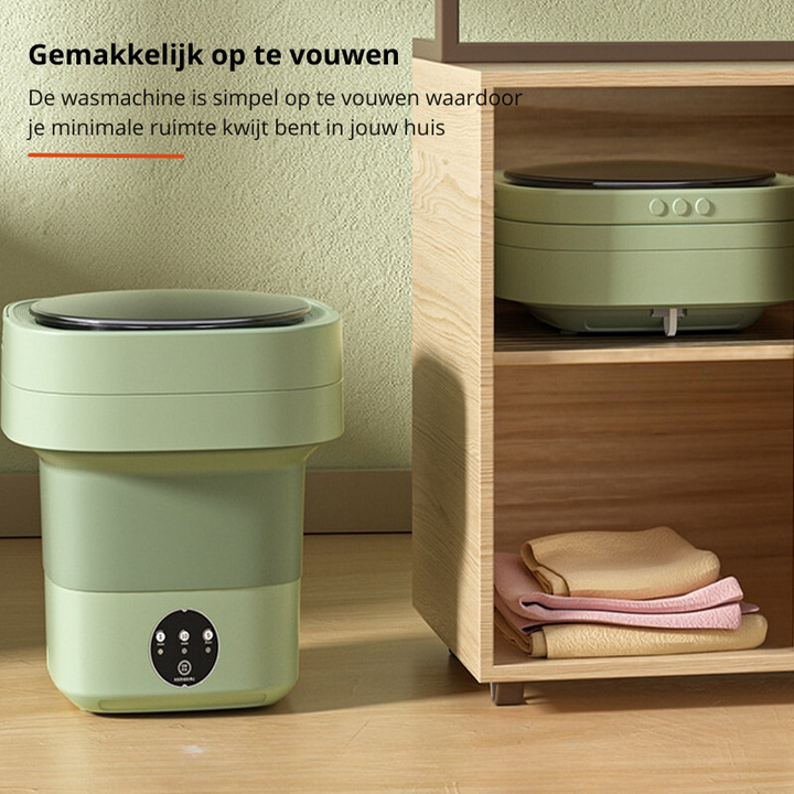 Witte opvouwbare mini wasmachine met geïntegreerde droger, ruimtebesparend voor elke badkamer of bijkeuken.