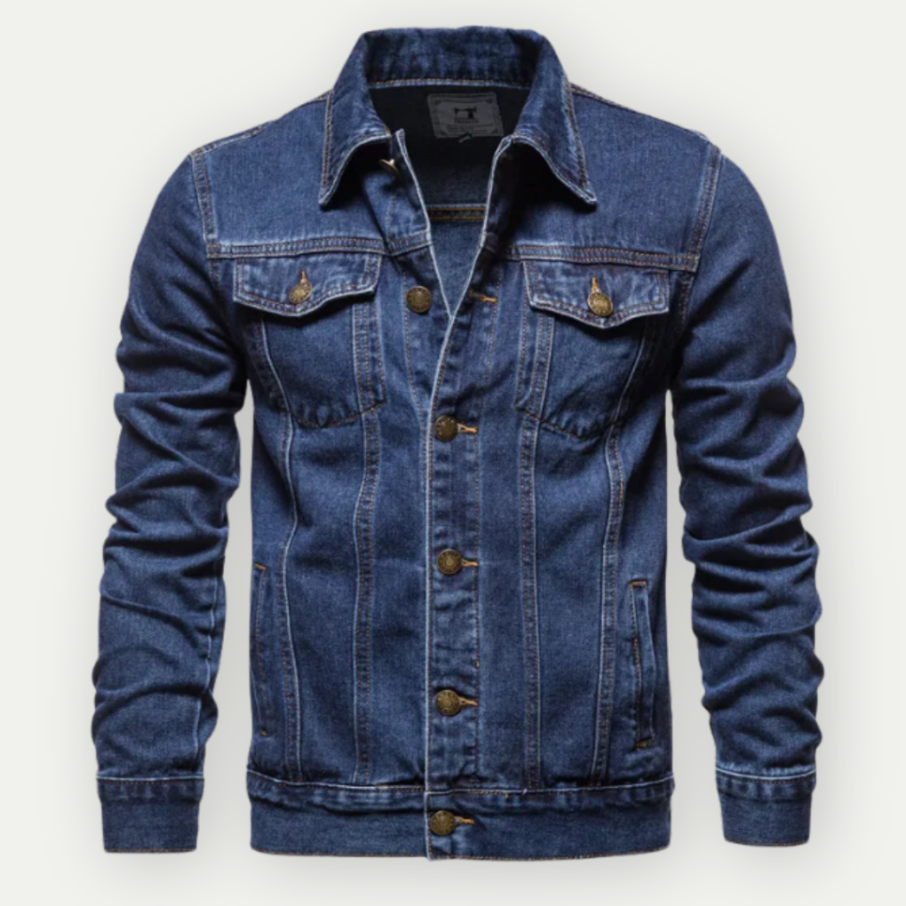 Tijdloos heren truckerjack van hoge kwaliteit denim in dunkerblauw, voor een stijlvolle en comfortabele casual look.