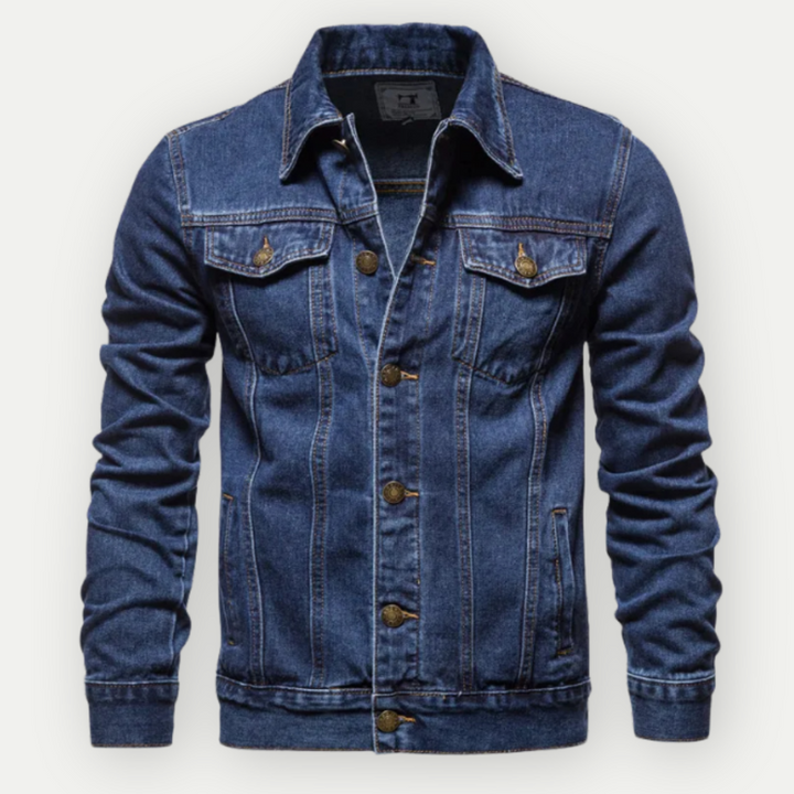 Tijdloos heren truckerjack van hoge kwaliteit denim in dunkerblauw, voor een stijlvolle en comfortabele casual look.