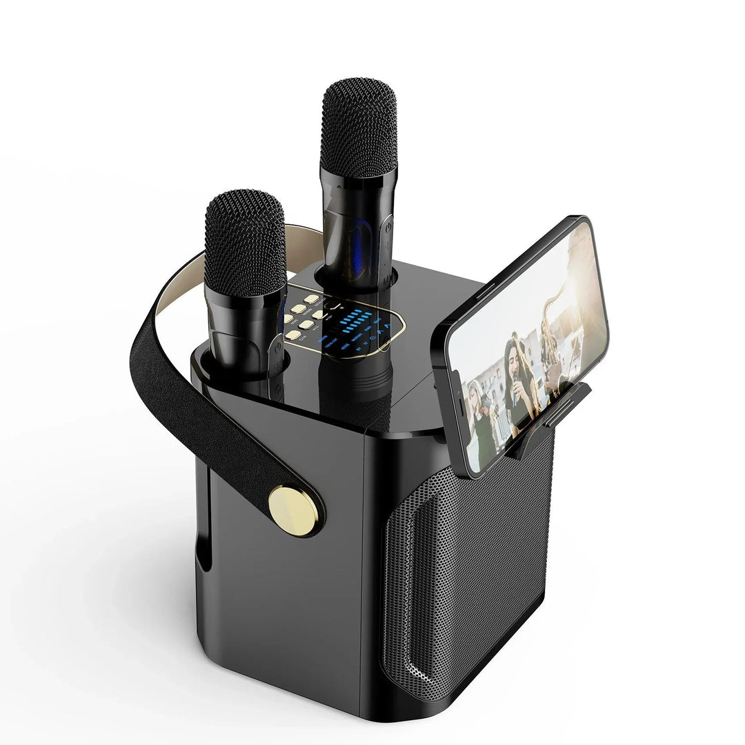 Een persoon zingt met de draagbare karaoke boombox met Bluetooth en dubbele microfoon in een feestelijke setting.
