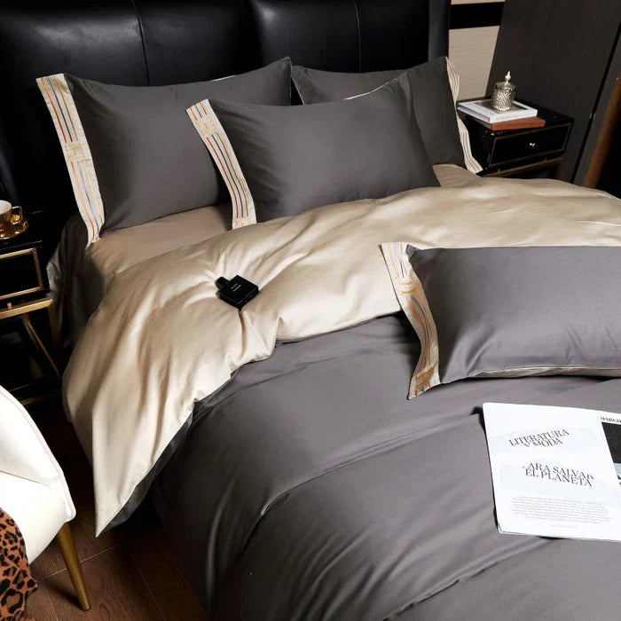 Zijdezacht satijn katoen beddengoed, geborduurd voor luxe en comfort. Ademend en duurzaam.