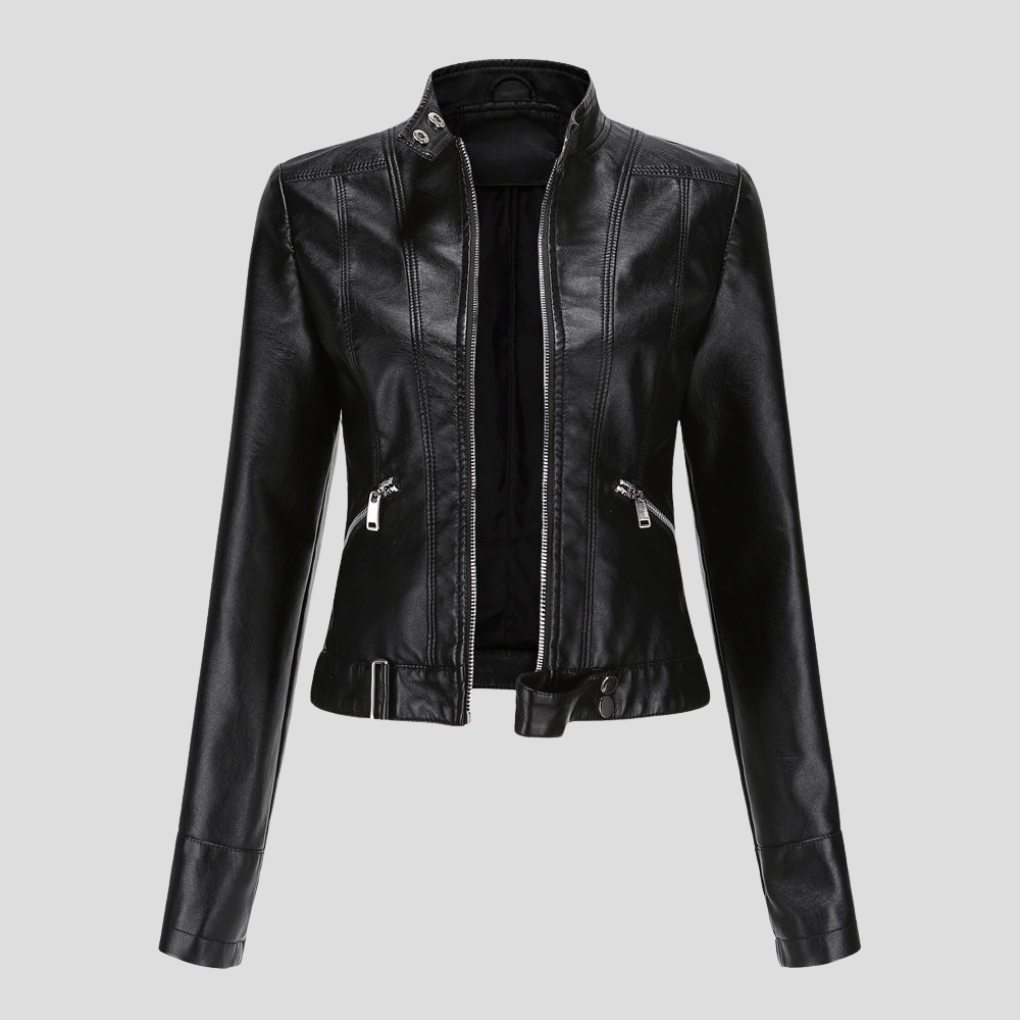 Elegant dames slim fit jasje met asymmetrische rits, in trendy leren look, perfect voor herfstmode.