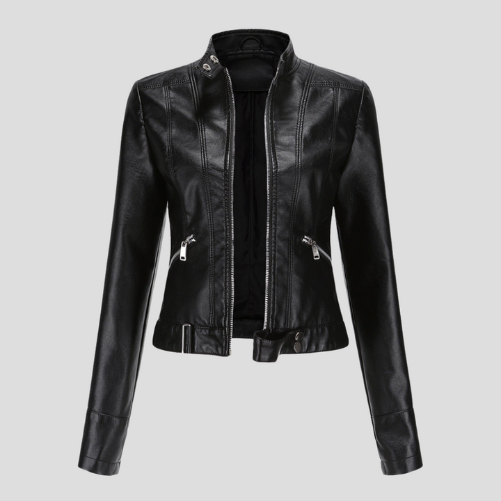 Elegant dames slim fit jasje met asymmetrische rits, in trendy leren look, perfect voor herfstmode.
