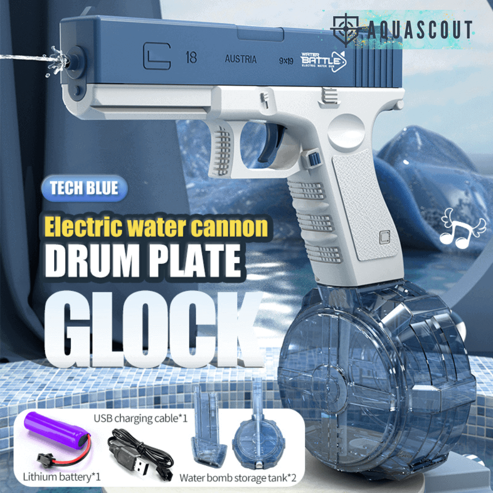 Modern automatisch waterpistool, blauw en roze, voor krachtige zomerse watergevechten. Elektrisch buitenspeelgoed.