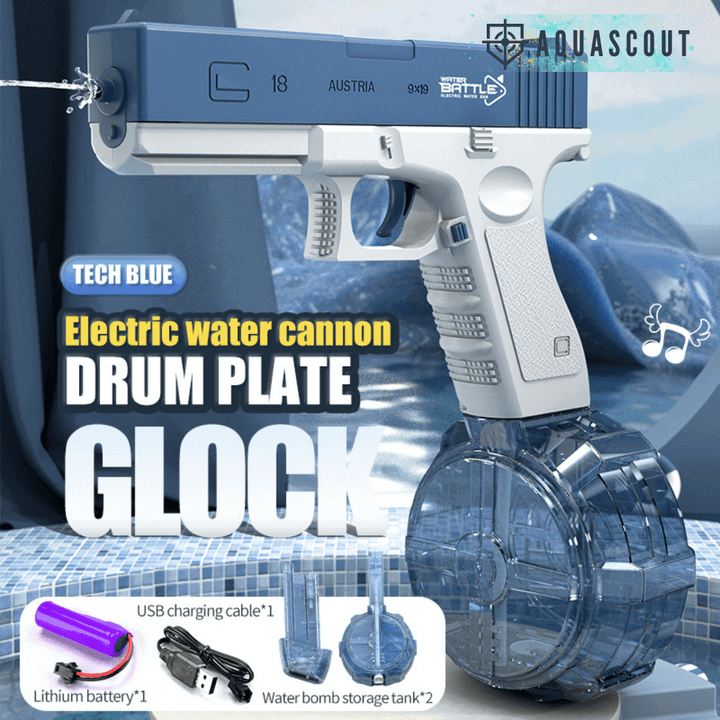 Modern automatisch waterpistool, blauw en roze, voor krachtige zomerse watergevechten. Elektrisch buitenspeelgoed.
