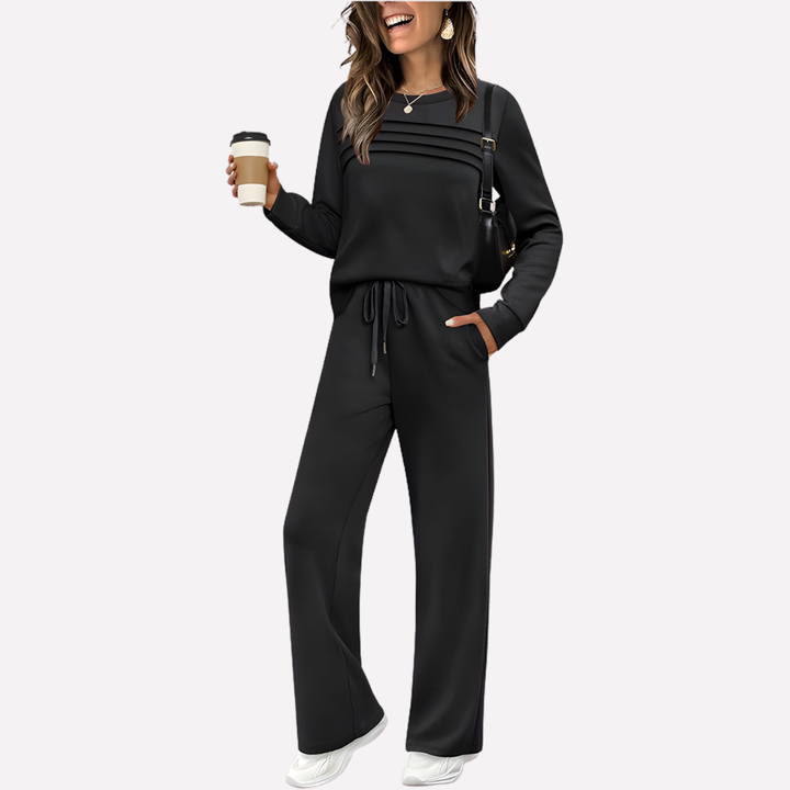 Stijlvolle dames mode lounge set met hoge hals en wijde pijpen; perfect comfortabel voor casual vrije tijd.