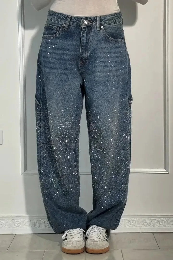 Hoymans dames rhinestone wide leg jeans. Glitterende stras details voor een festival look.