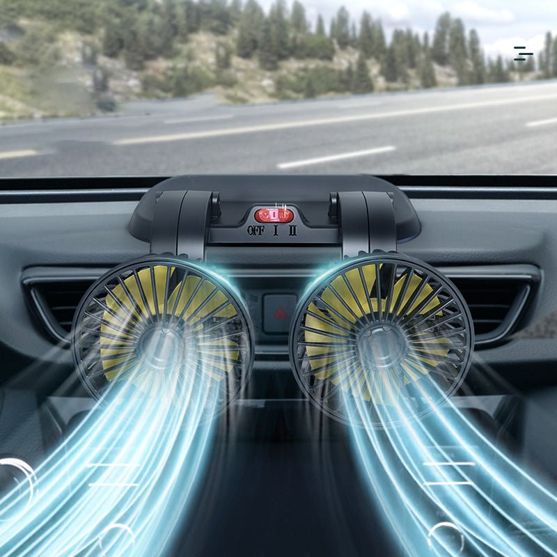 Universele auto ventilator met dubbele kop voor frisse lucht. Onmisbaar voertuig accessoire voor autokoeling.