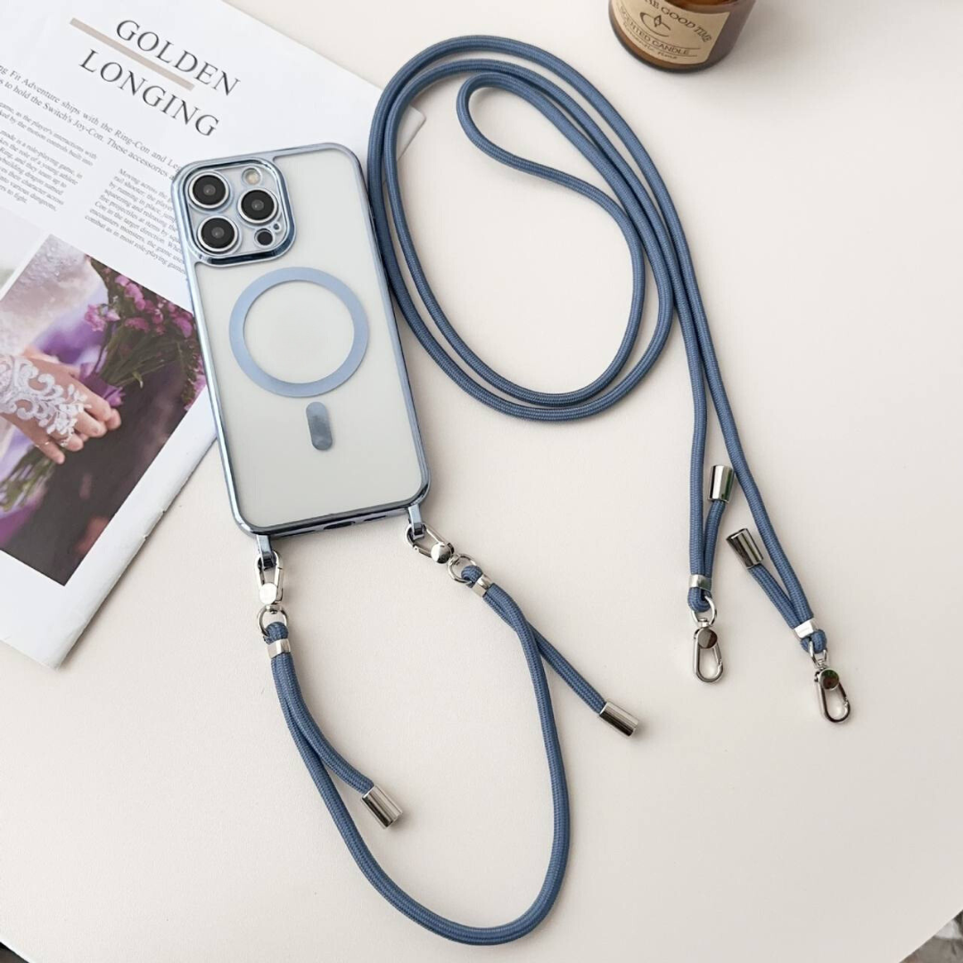 Stijlvolle Halo design MagSafe iPhone hoesje met handige draagriem. Trendy en functioneel telefoonaccessoire.