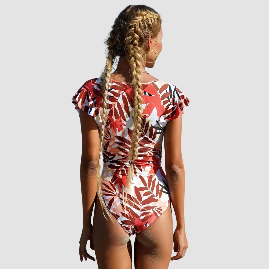 Ondersteunend eenstuk camouflage bandeau zwempak voor dames, met stijlvolle ritssluiting.