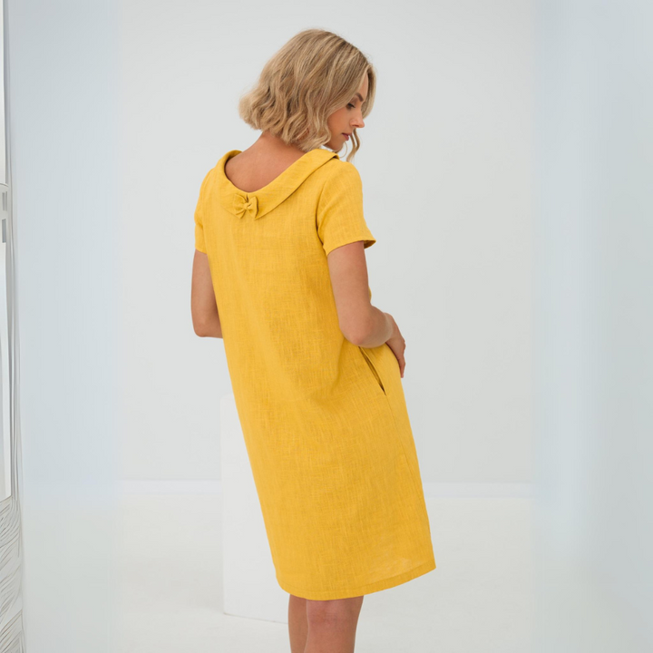 Zomerjurk voor vrouwen met korte mouwen, comfortabel Leinen-Baumwollmix en praktische zakken, losse pasvorm.