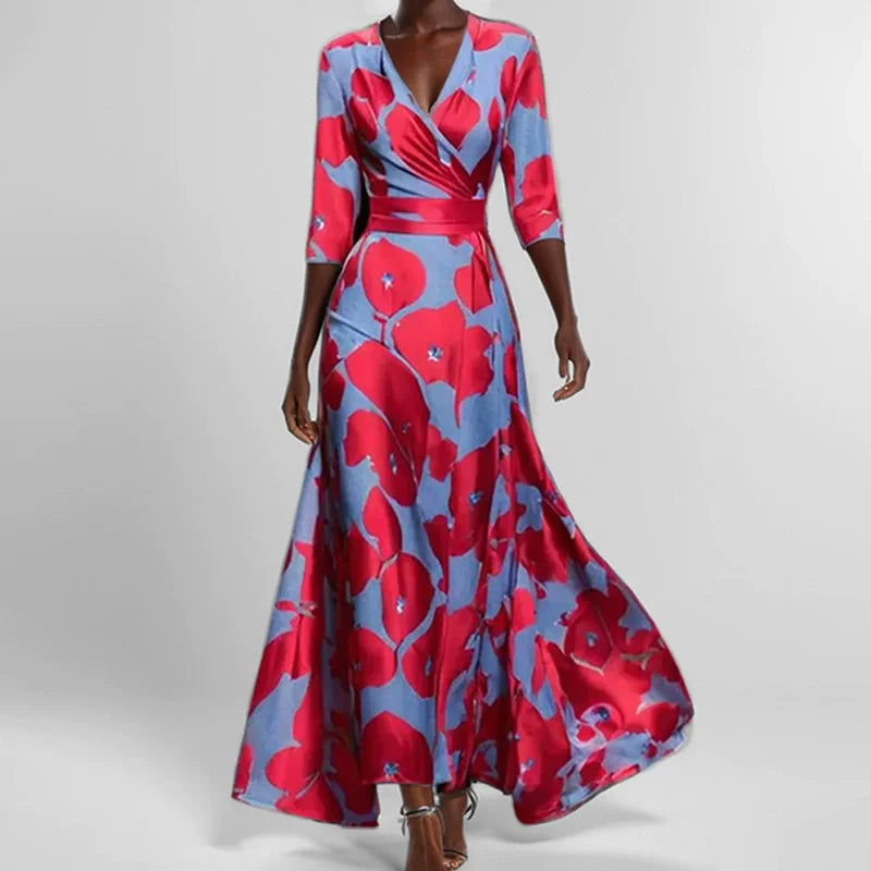 Comfortabele casual dames maxi jurk met V-hals, unieke print en praktische zakken, ideaal voor warme dagen.