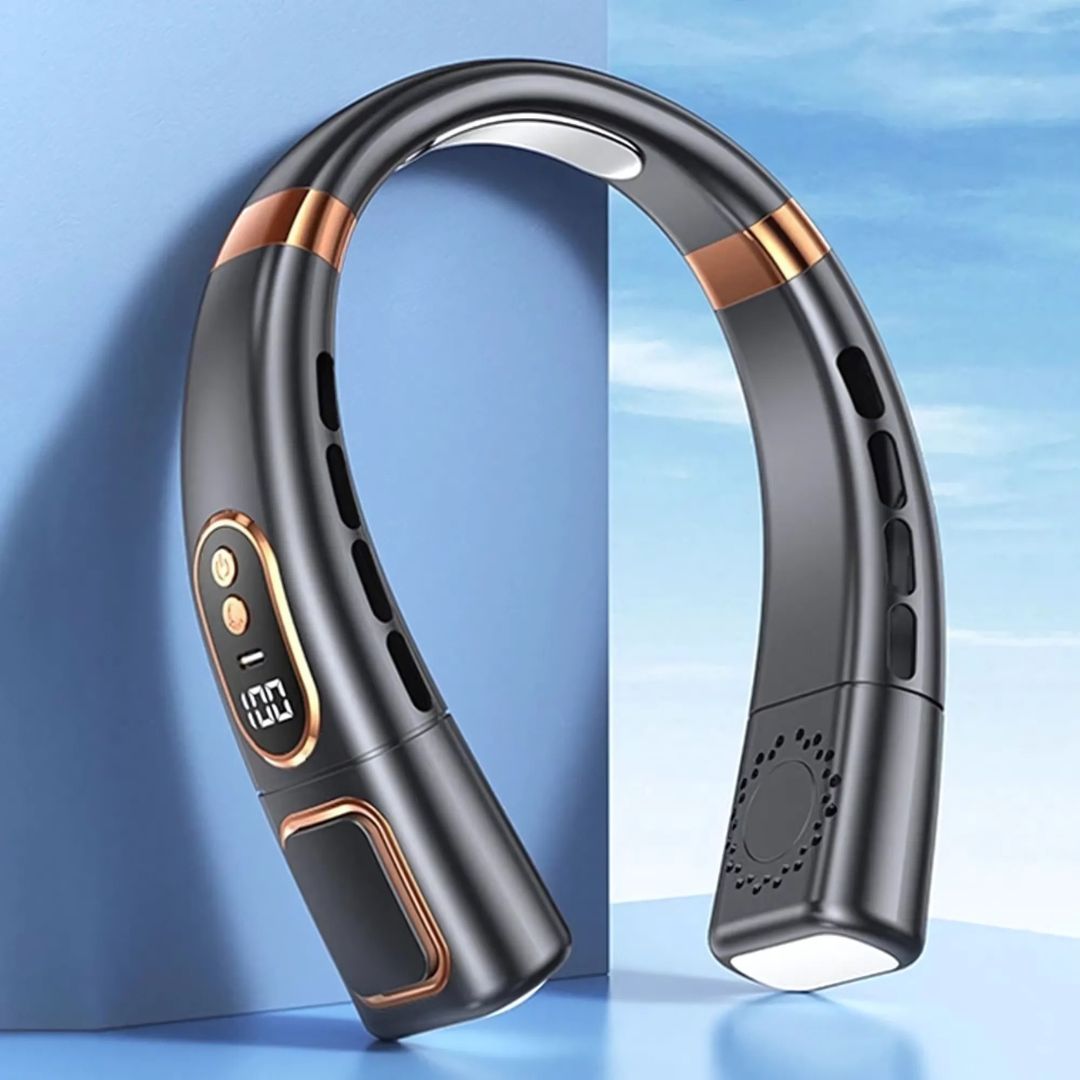 Dynamische unisex nekventilator voor sport en reizen. 360° digitale koeling, oplaadbaar en handsfree.