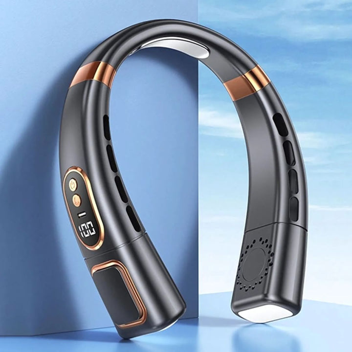 Dynamische unisex nekventilator voor sport en reizen. 360° digitale koeling, oplaadbaar en handsfree.