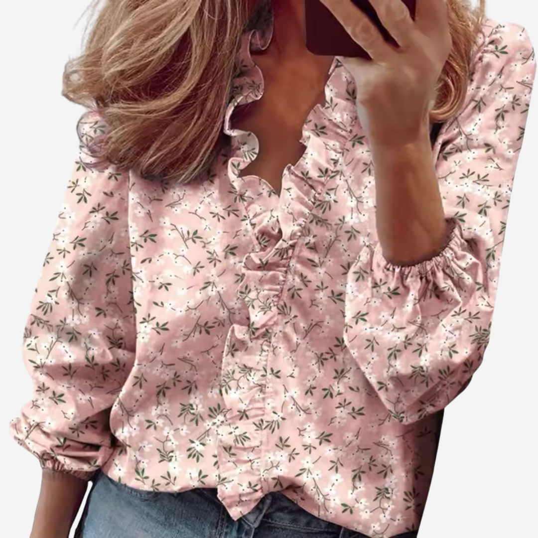 Casual zomer tuniek voor dames met V-hals, ruches en losse fit, perfect voor ontspanning.