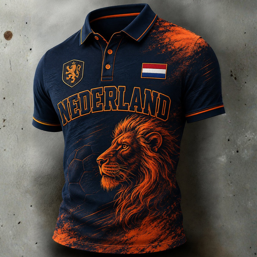 Heren slim fit poloshirt in oranje-blauw, comfortabel en ademend, ideaal voor casual zomerkleding.