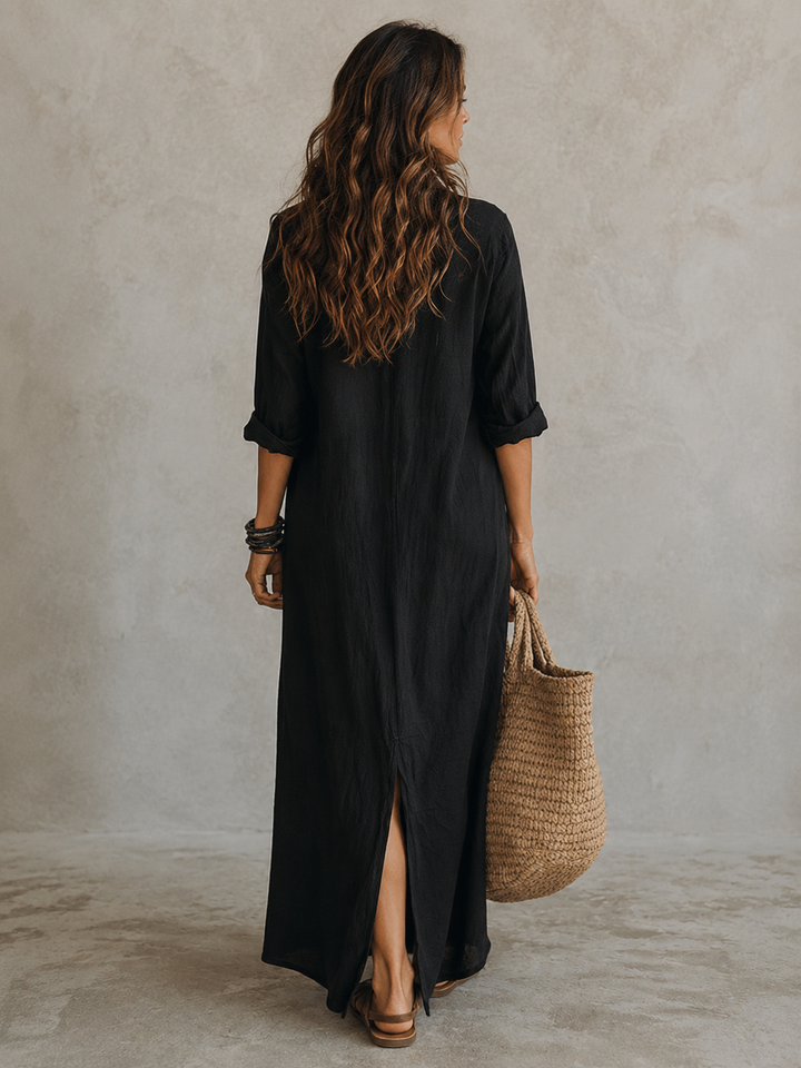 Midi jurk van polyester voor dames, met elegante V-hals, A-lijn pasvorm en comfortabele driekwartmouwen. Zomerklaar.