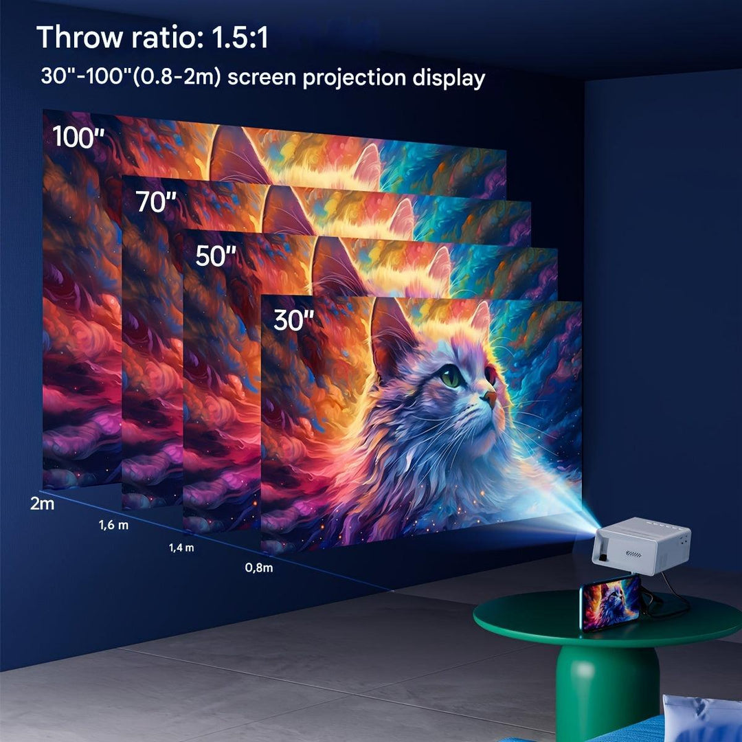 Krachtige LumoBeam mini projector (3000 Lumen) levert scherpe beelden, zelfs in lichtere ruimtes.