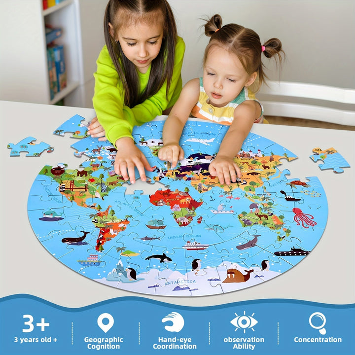 Ronde wereldkaart vloerpuzzel met kleurrijke dieren; 70 stukjes educatief speelgoed voor kinderen.