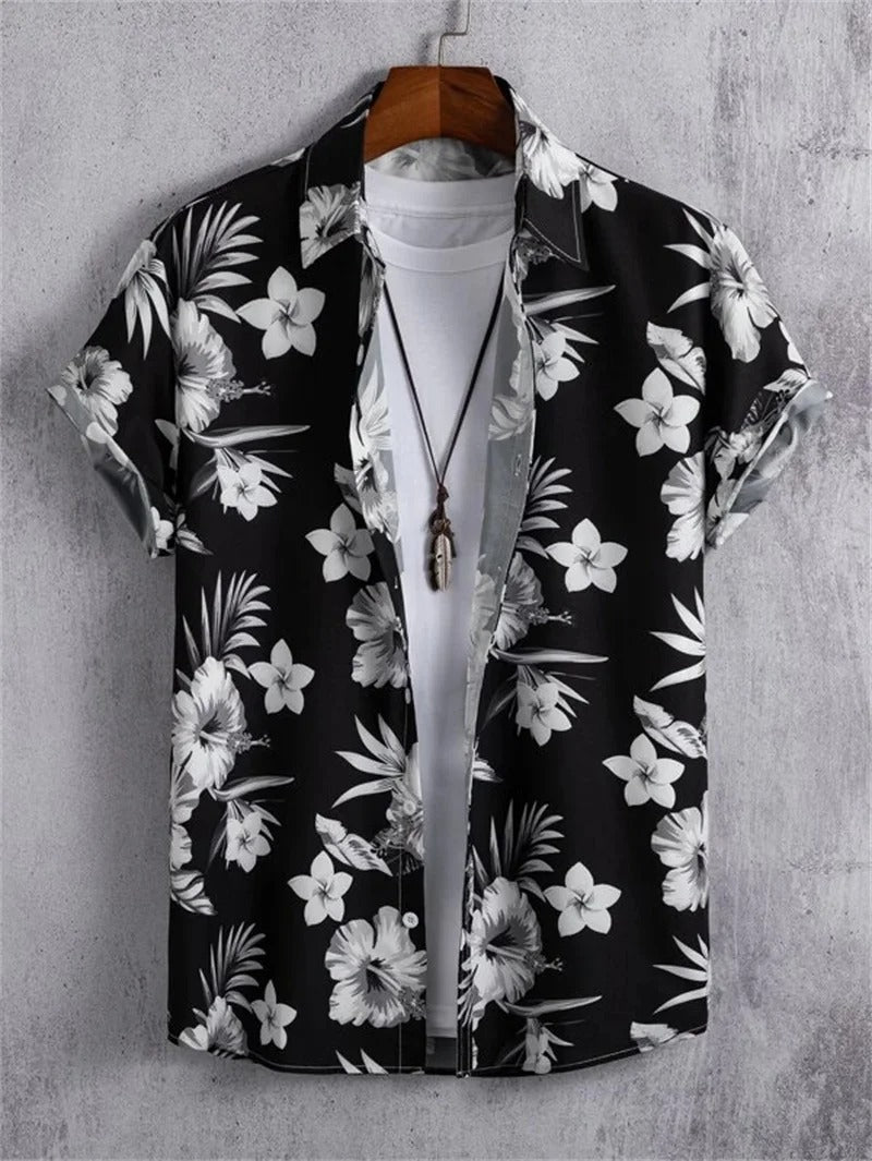Levendig heren Hawaii overhemd met heldere 3D bloemenprint. Modieus casual, korte mouw. Perfect voor zomerse feesten.