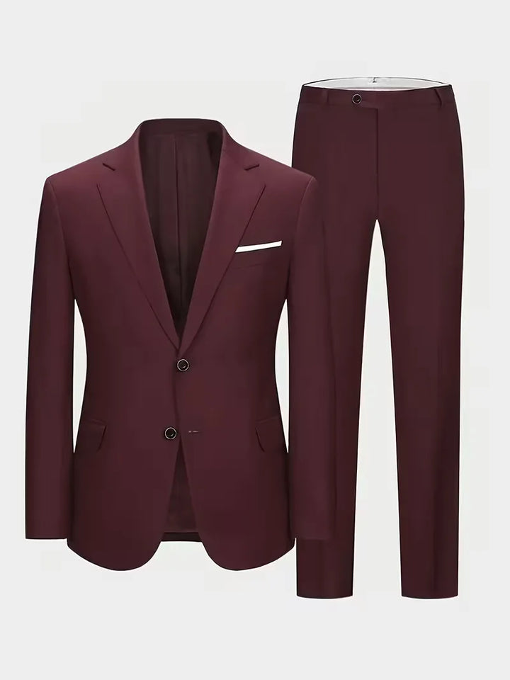 Modieus slim fit herenpak met colbert en pantalon, ideaal voor een stijlvolle en moderne verschijning.