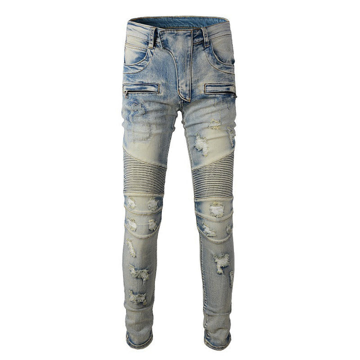 Comfortabele slim fit lichtblauwe skinny jeans voor heren, met gedistresseerde look en biker details.