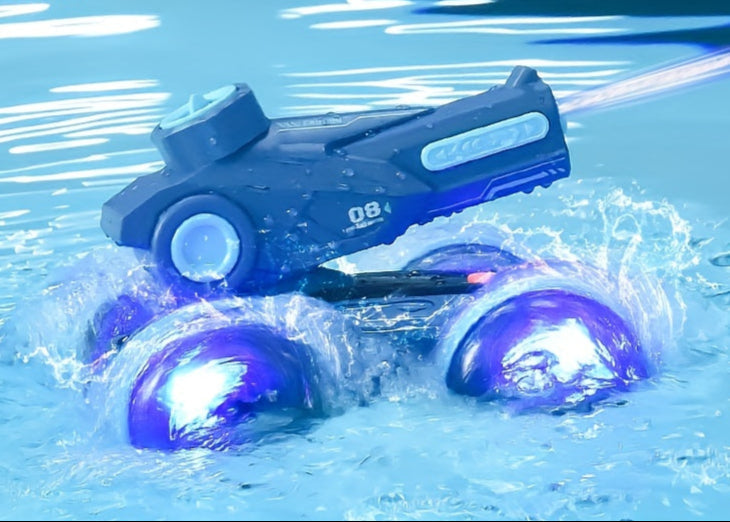 SplashRider amfibische RC truck met waterkanon, perfect voor land- en waterspeelplezier voor kinderen.