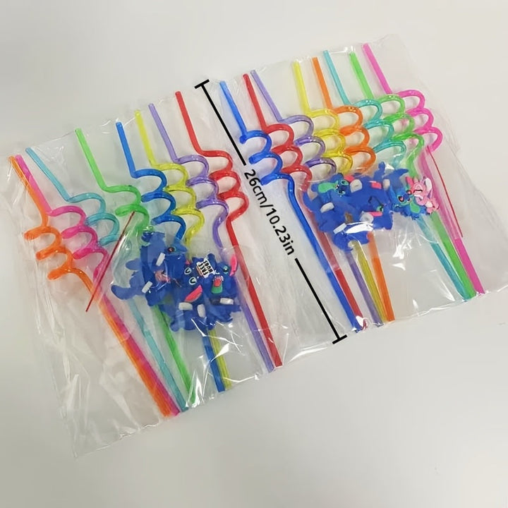 Kleurrijke, duurzame Stitch rietjes set (16x) voor kinderfeestjes, themafeesten en alle feestelijke gelegenheden.