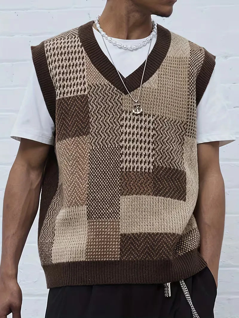 Mouwloos heren sweater vest met geometrisch patroon, in comfortabele koffie kleur voor casual winterstijl.
